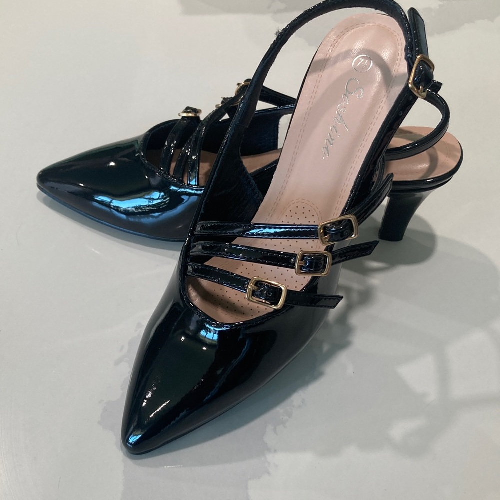 Black Patent Pointed-Toe Slingback Heels with Triple Buckle Straps